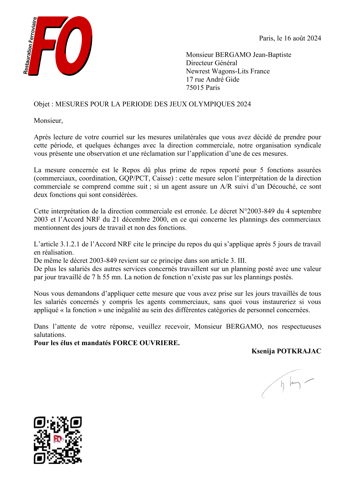 Courrier mesures pour la période des J.O du 16-08-2024