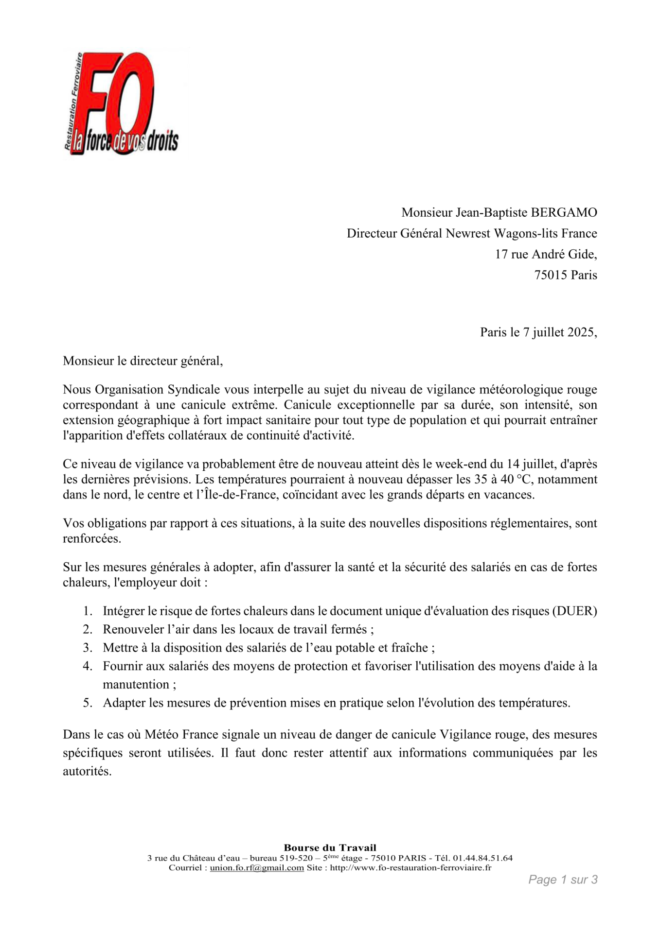 Courrier prévention des risques lies aux vagues de chaleur