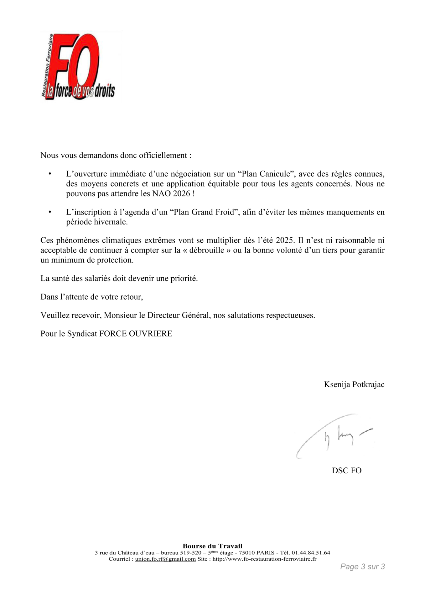 Courrier prévention des risques lies aux vagues de chaleur